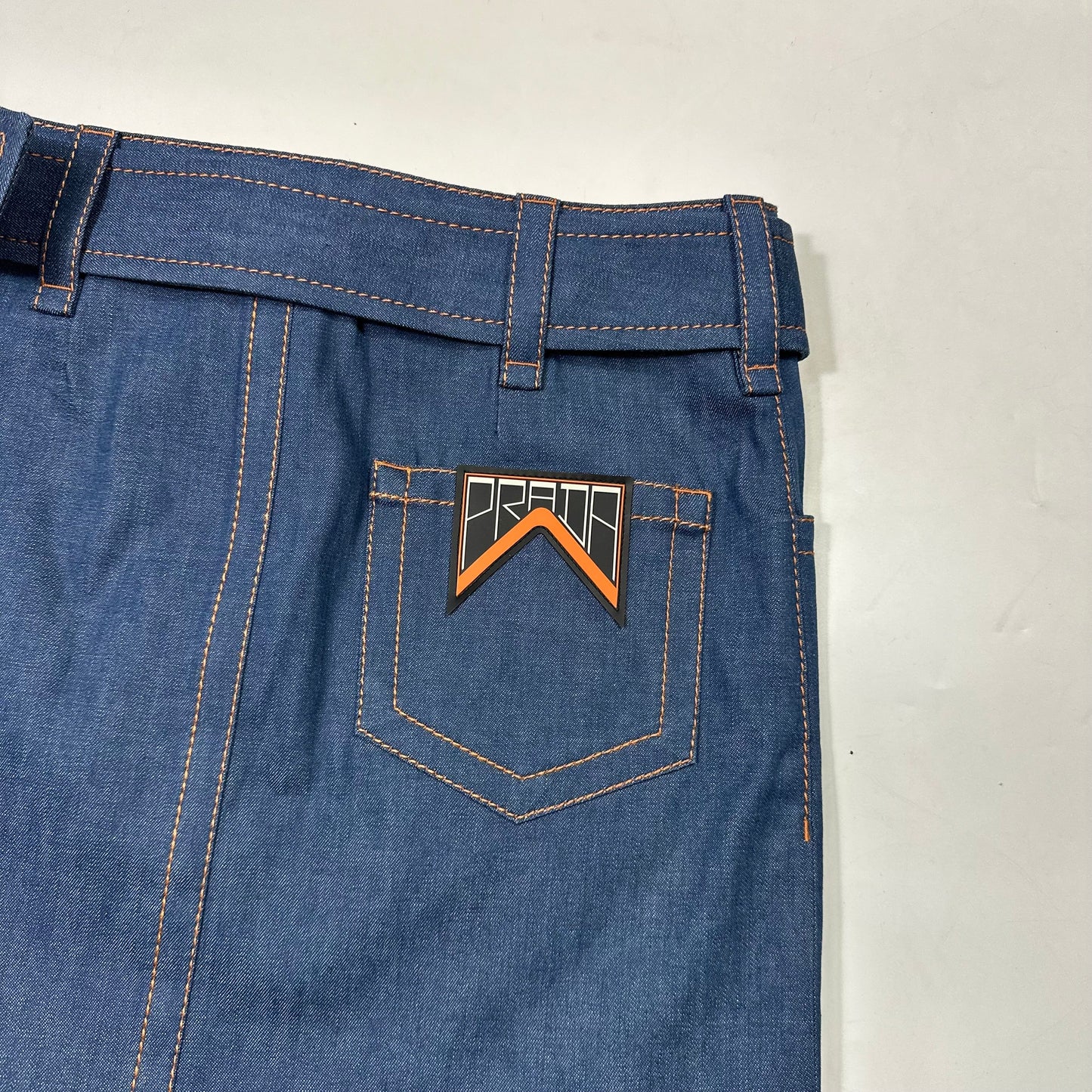 Prada 2018 Rubber Race Logo Denim Belted Mini Skirt - IT36