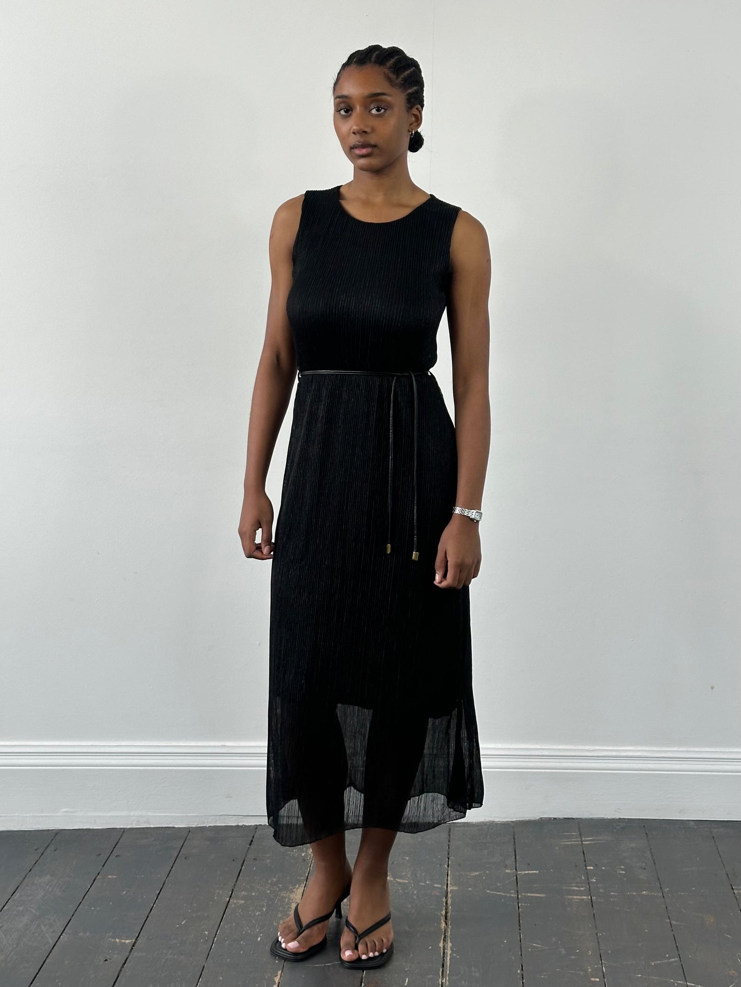 Italian Vintage 1990s Ribbed Metallic Rope Tie Dress - S