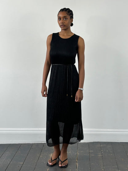 Italian Vintage 1990s Ribbed Metallic Rope Tie Dress - S