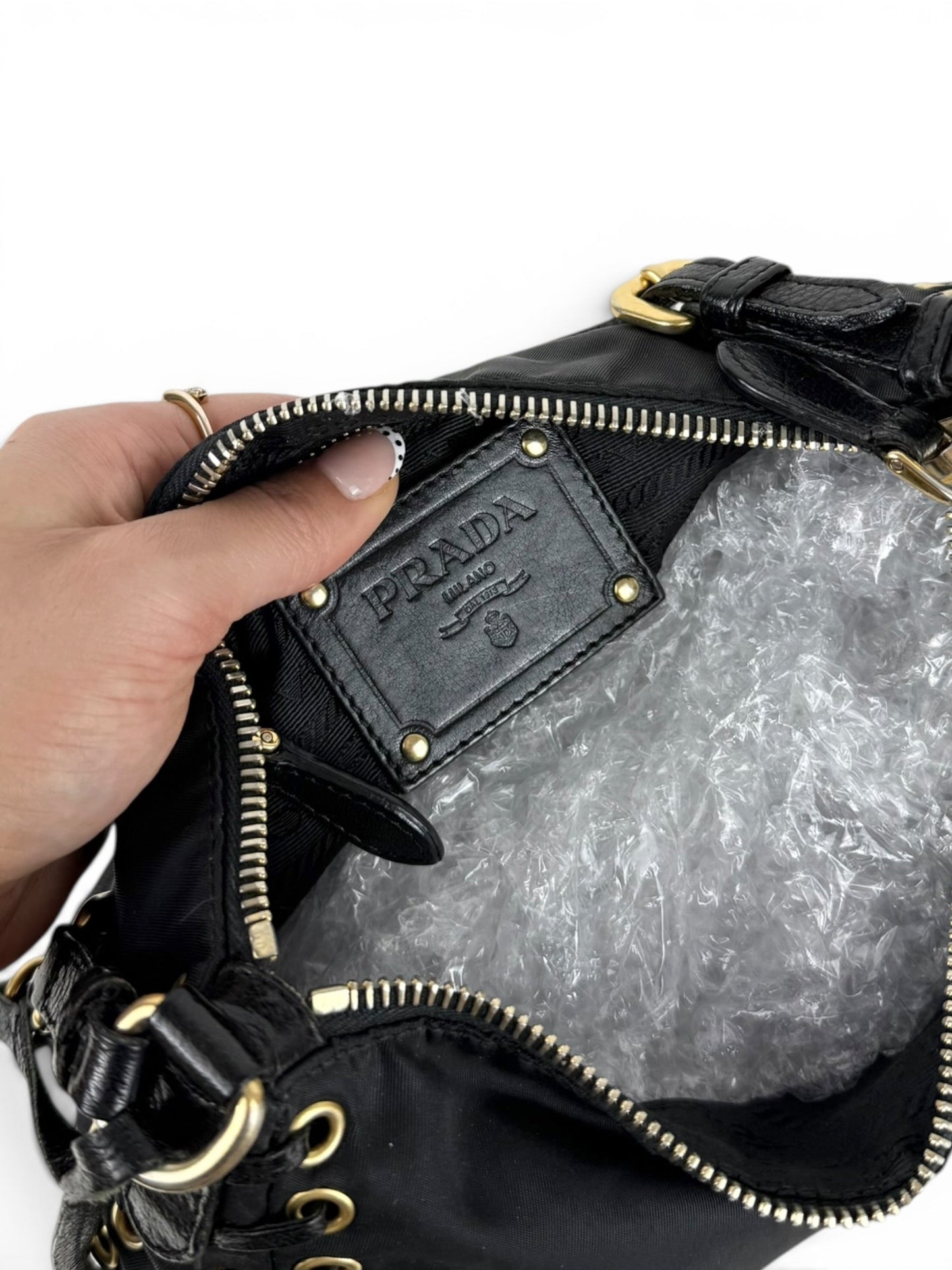 2000s RARE Prada Nylon Grommet Stitch Shoulder Bag | O/S, Black