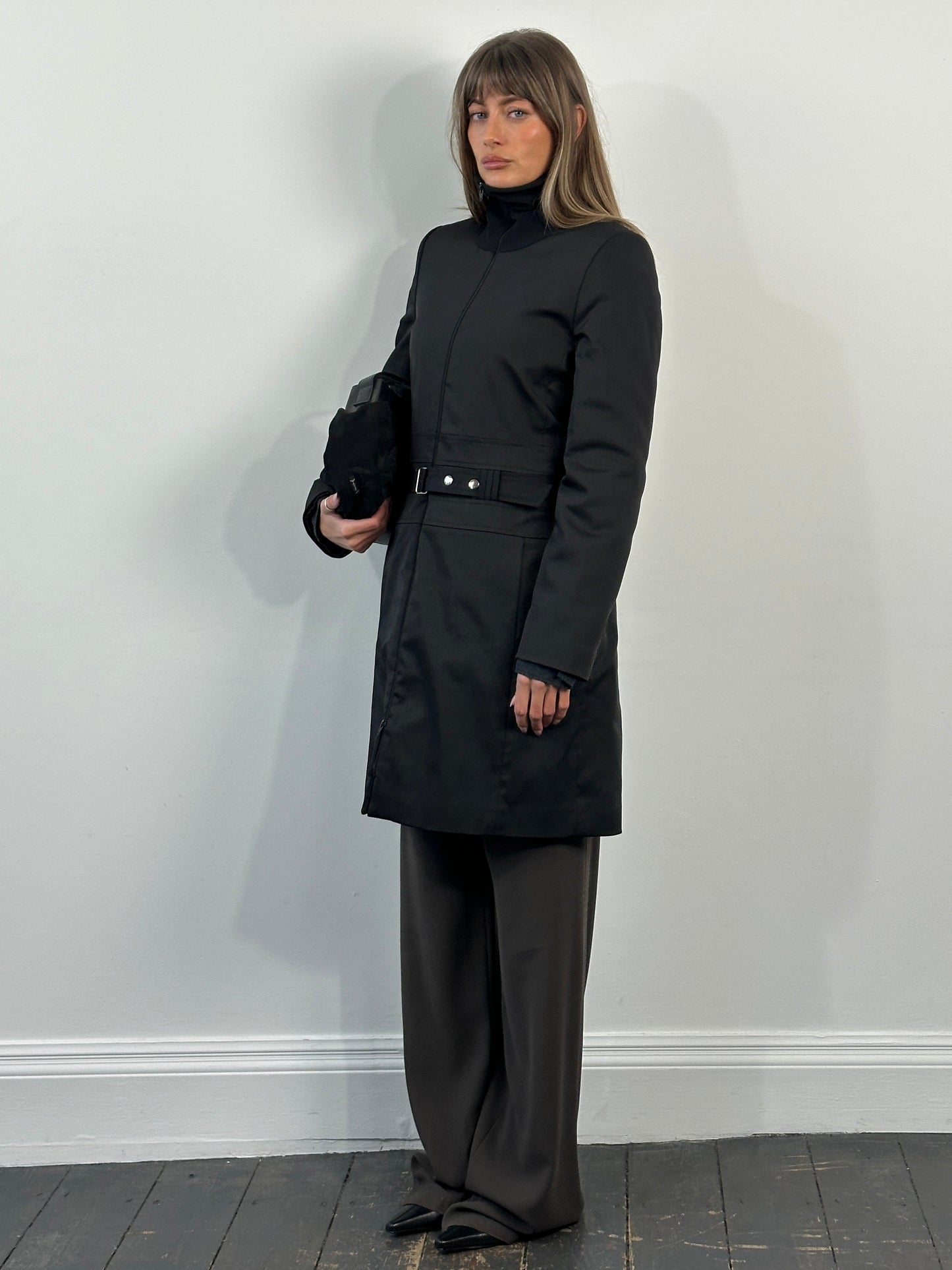 Vintage 1990s Funnel Neck Nylon Belted Trench Coat - M