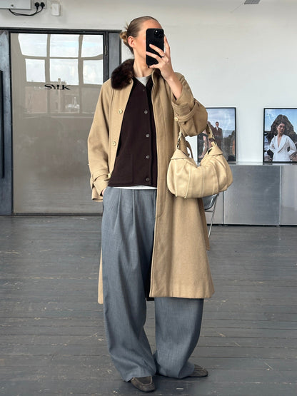 Vintage 1980s Wool Double Faced Fur Collar Belted Coat - S