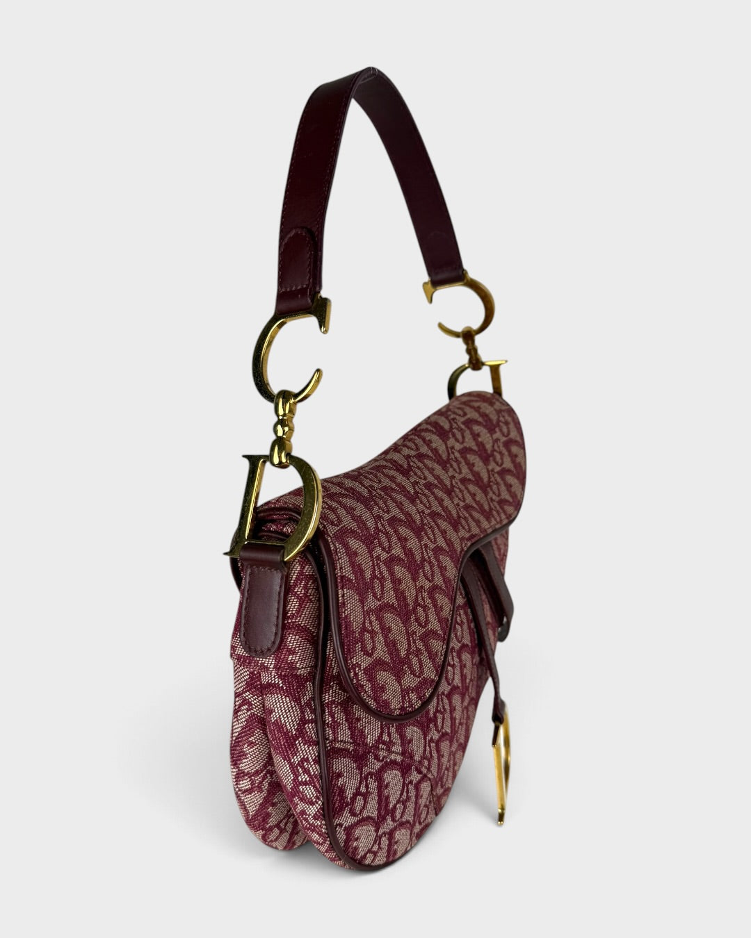 Vintage Christian Dior Monogram Bordeaux Red Saddle Shoulder Bag | O/S, Multicoloured
