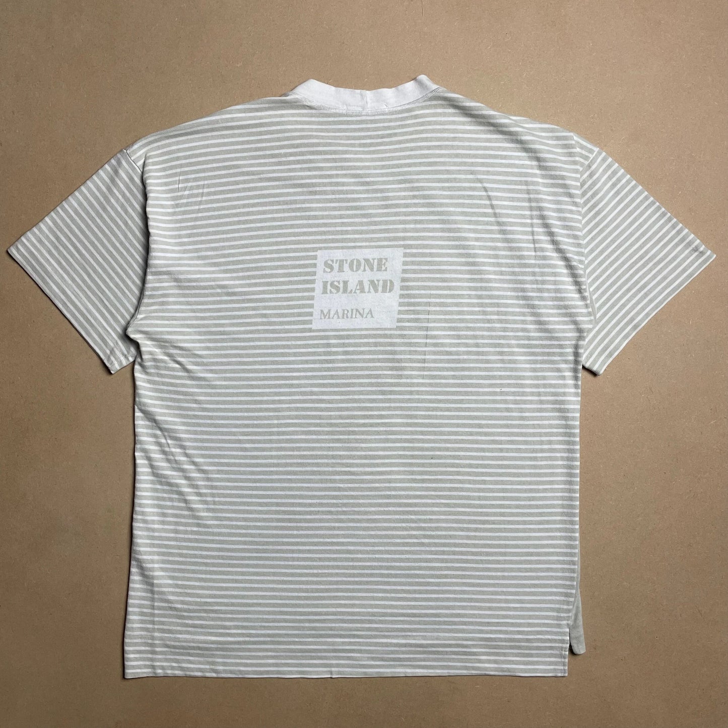S/S 1986 Stone Grey Marina Spell Out Box Logo T-shirt