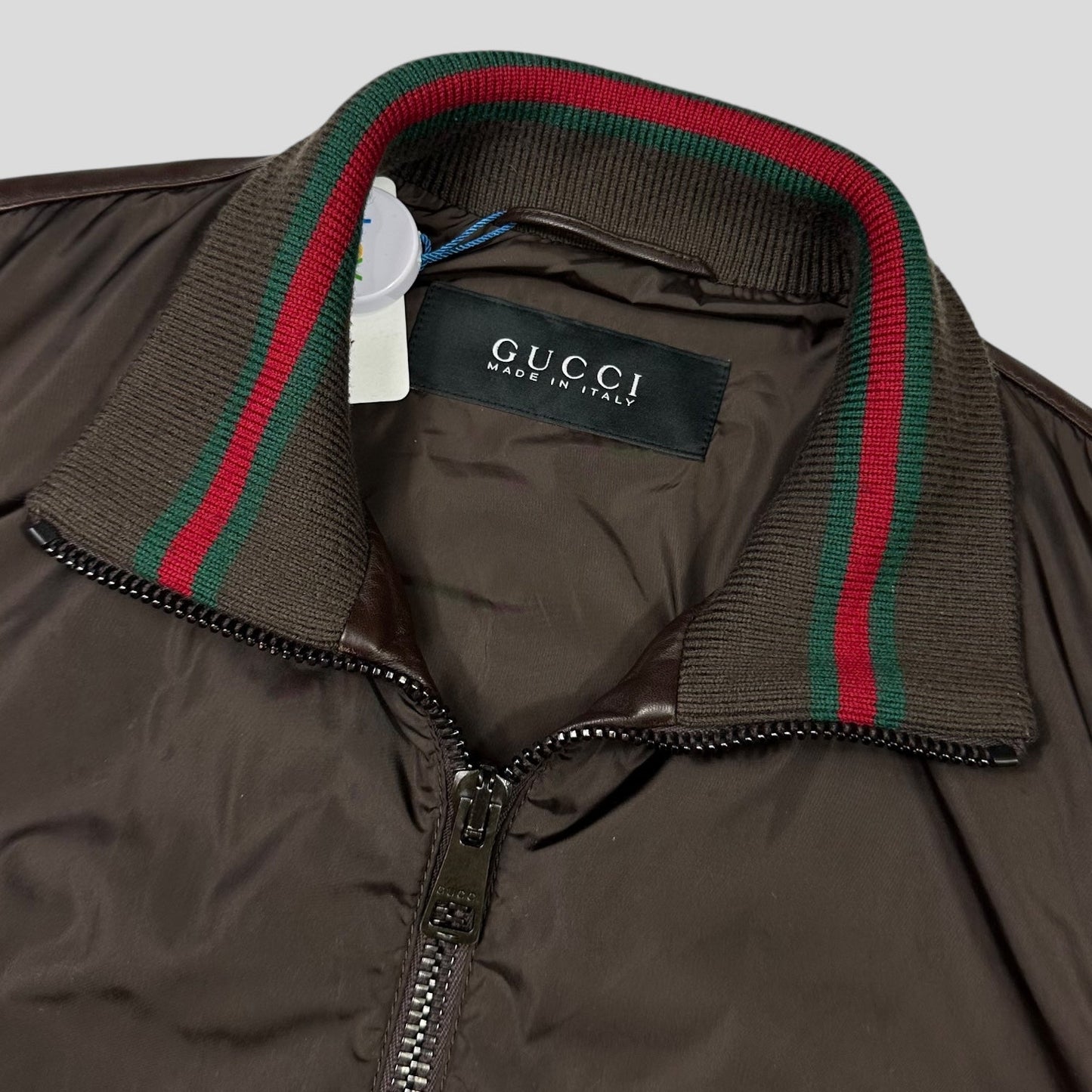 Gucci Brown Nappa Leather Hybrid Logo Bomber Jacket - IT46 (S) | Default Title, Brown