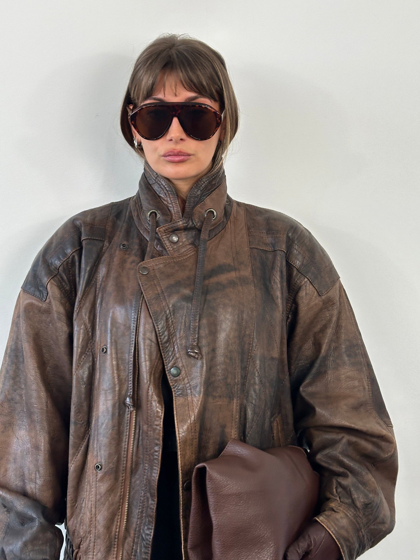 Vintage 1990s High Neck Aged Leather Bomber Jacket - XL