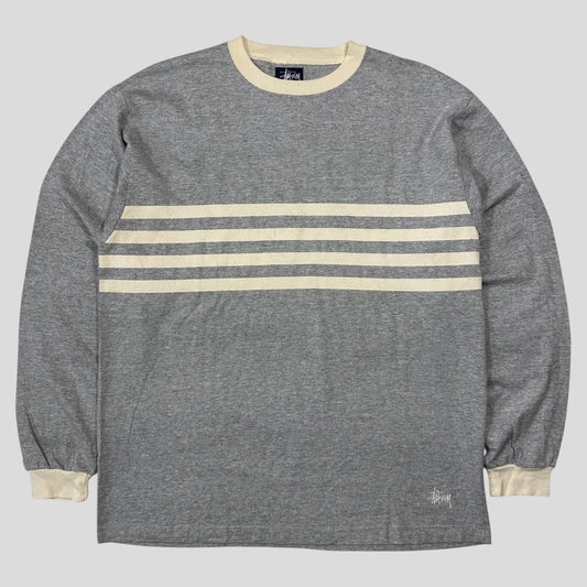 Stussy 90’s Made in USA Stock Logo Striped Crewneck T-shirt - L | Default Title, Grey