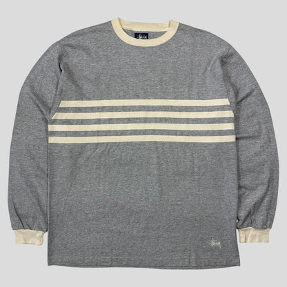 Stussy 90’s Made in USA Stock Logo Striped Crewneck T-shirt - L | Default Title, Grey