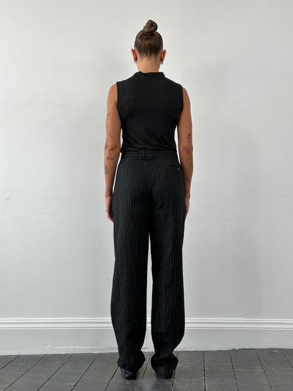 Vintage Linen Stripe Straight Leg Pleated Trousers - W28