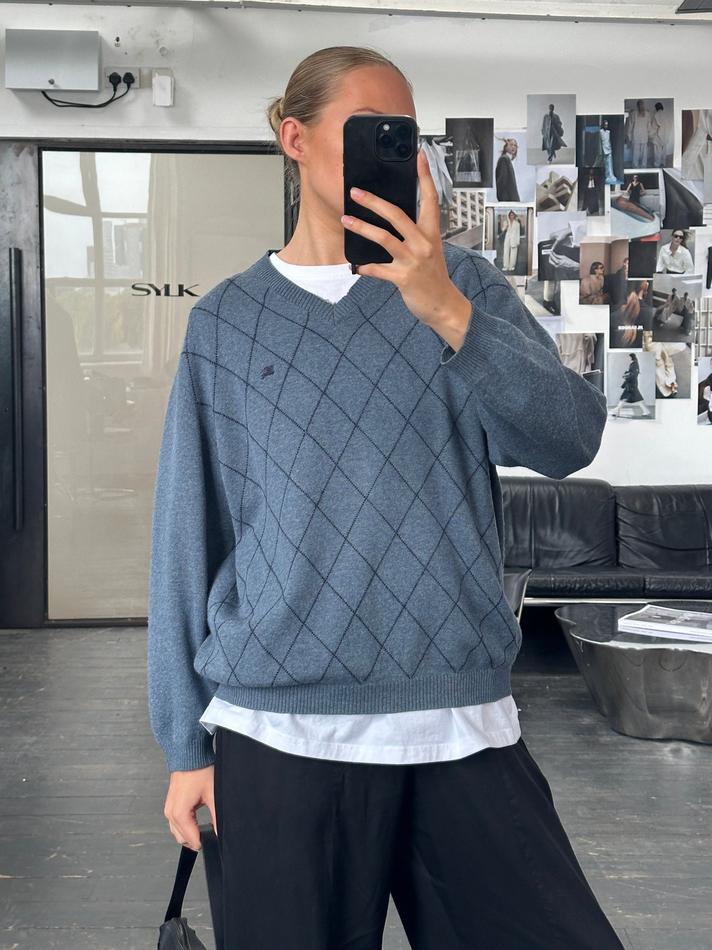 Burberry London 2000s Merino Wool Argyle Logo Jumper - L/XL