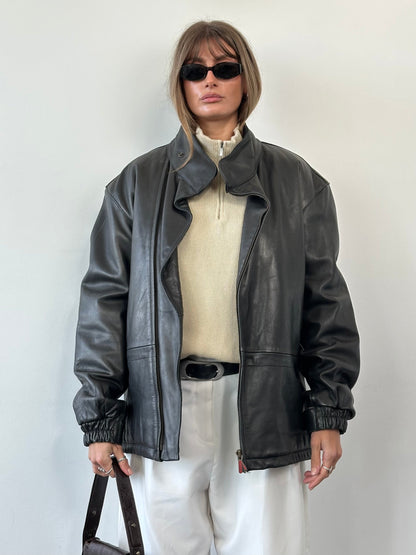 Vintage High Neck Smooth Leather Jacket - L/XL