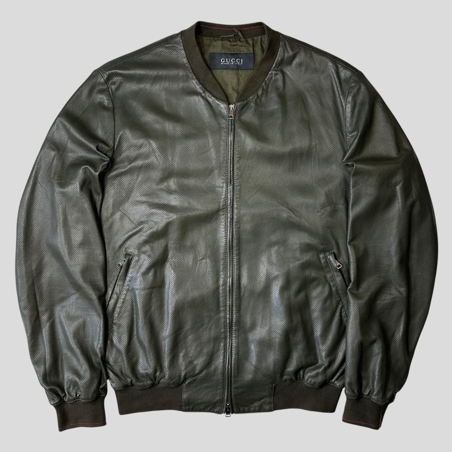 Gucci by Tom Ford 00’s Perforated Nappa Leather Green Bomber Jacket - IT52 | Default Title, Green