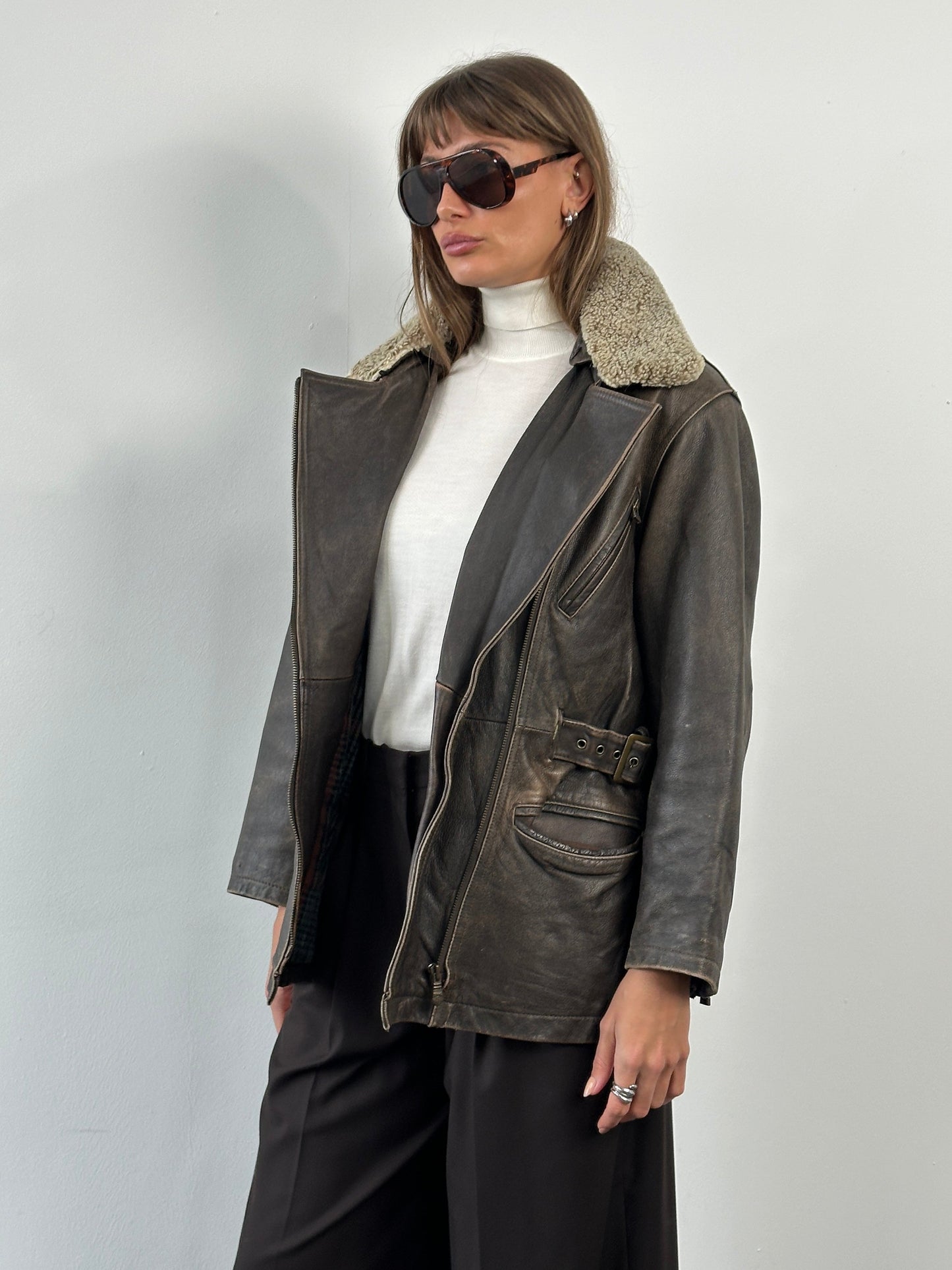 Vintage 1990s Aged Aviator Leather Jacket - M