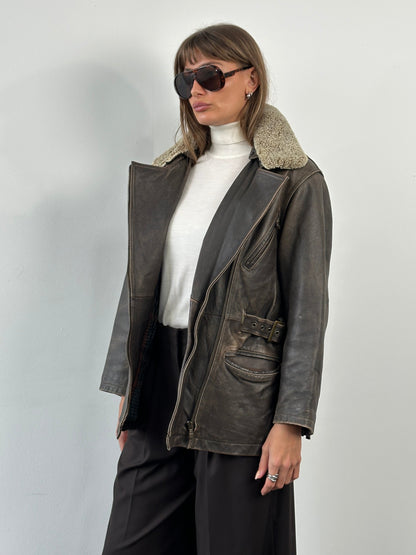 Vintage 1990s Aged Aviator Leather Jacket - M