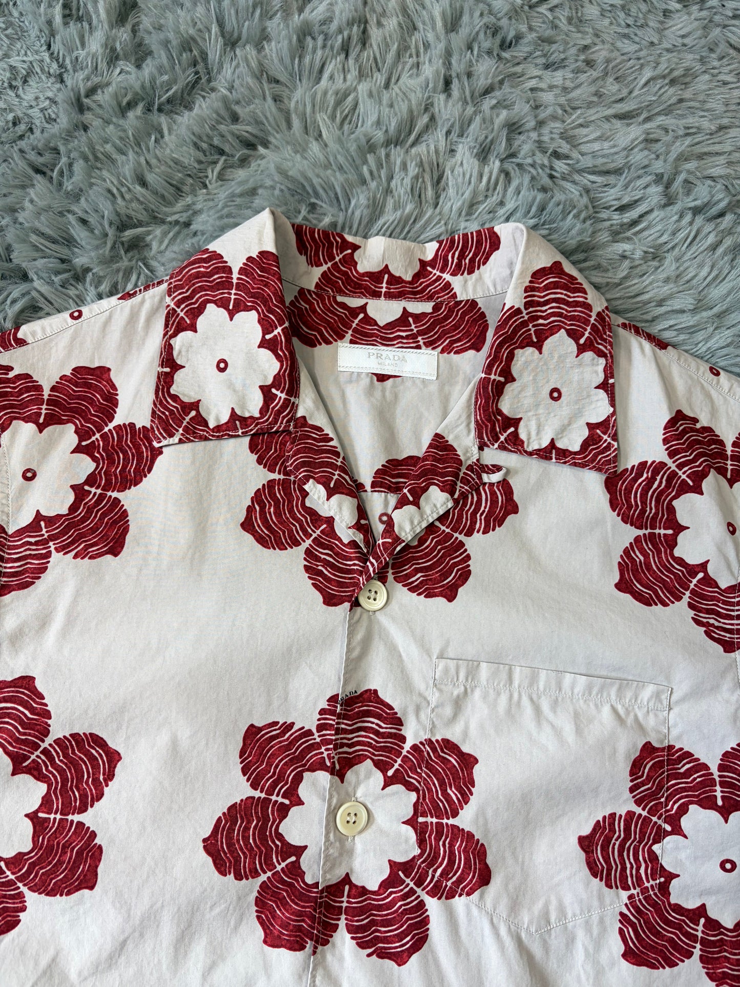 Prada 2016 Floral Logo Print Camp Collar Boxy Shirt - S/M | O/S, Red