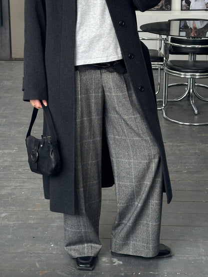 Max Mara 2000s Brushed Wool High Waisted Wide Leg Check Trousers - W28