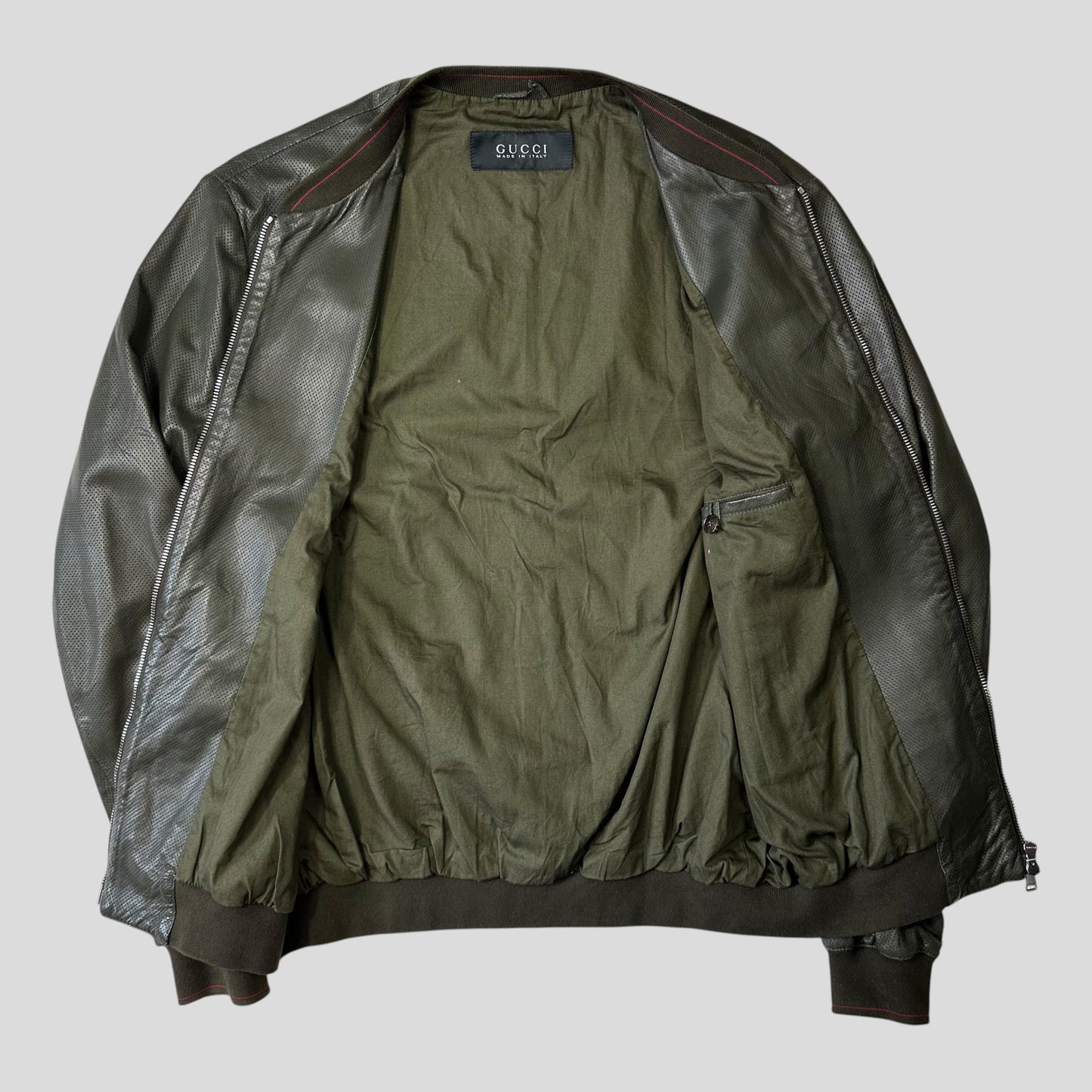 Gucci by Tom Ford 00’s Perforated Nappa Leather Green Bomber Jacket - IT52 | Default Title, Green