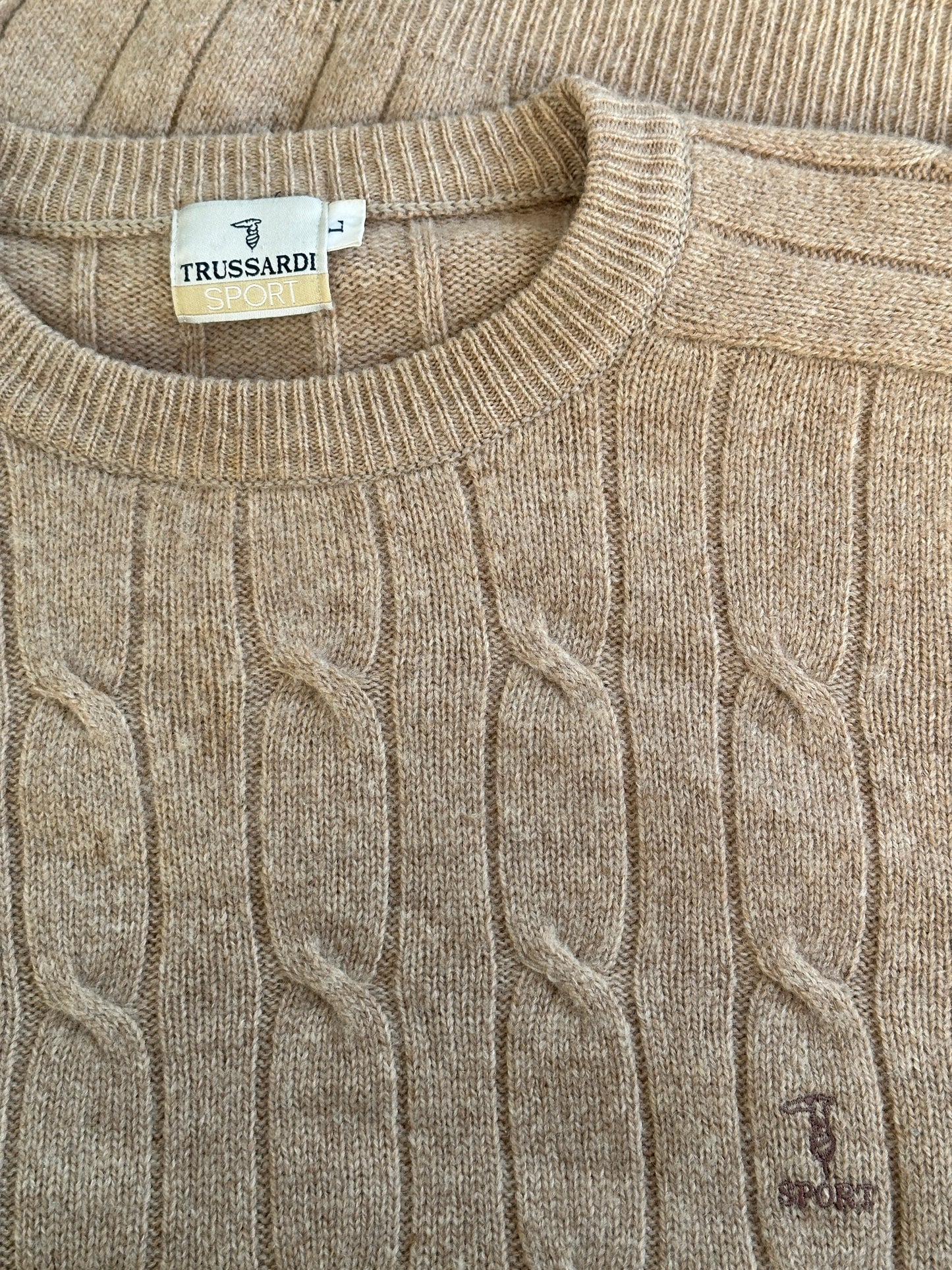 Trussardi Pure Wool Cable Knit Logo Jumper - L
