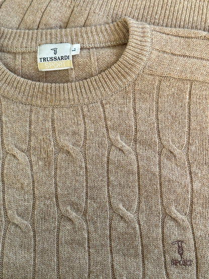 Trussardi Pure Wool Cable Knit Logo Jumper - L