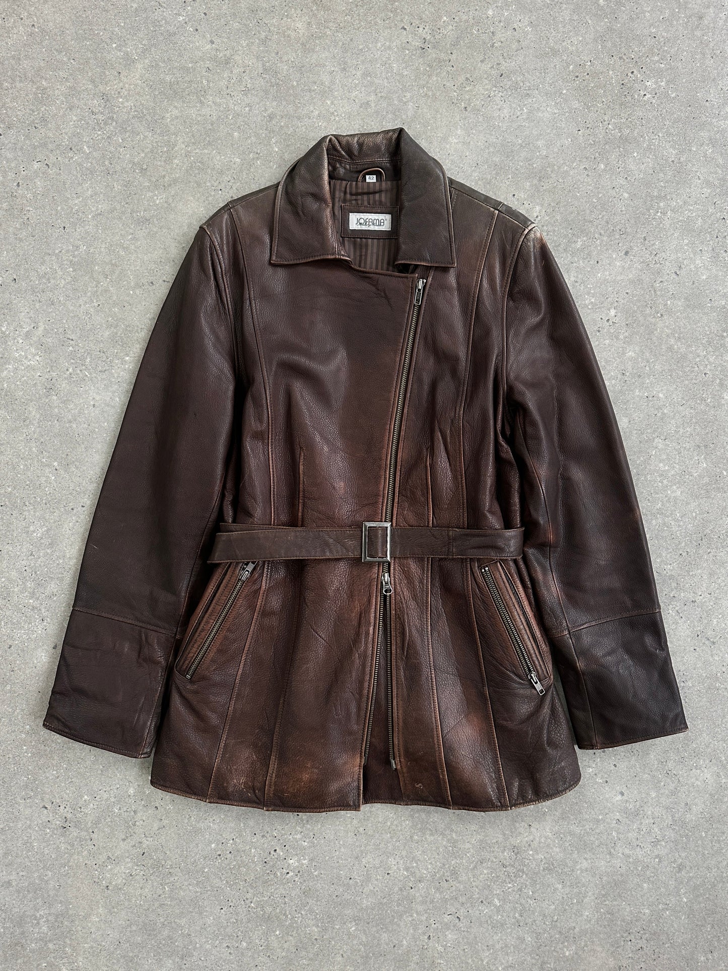 Vintage 1990s Aged Double Zip Belted Leather Jacket - L