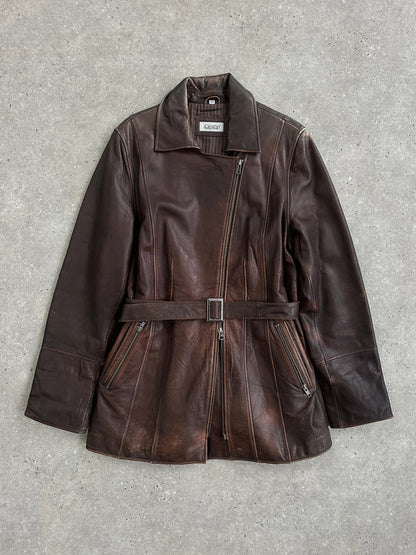 Vintage 1990s Aged Double Zip Belted Leather Jacket - L