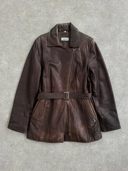 Vintage 1990s Aged Double Zip Belted Leather Jacket - L