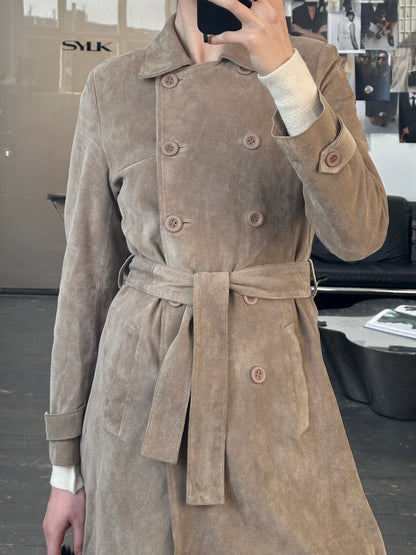 Vintage 1990s Suede Double Breasted Belted Trench Coat - S
