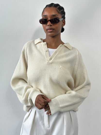 Vintage 1990s Wool Knitted Polo Jumper - XL