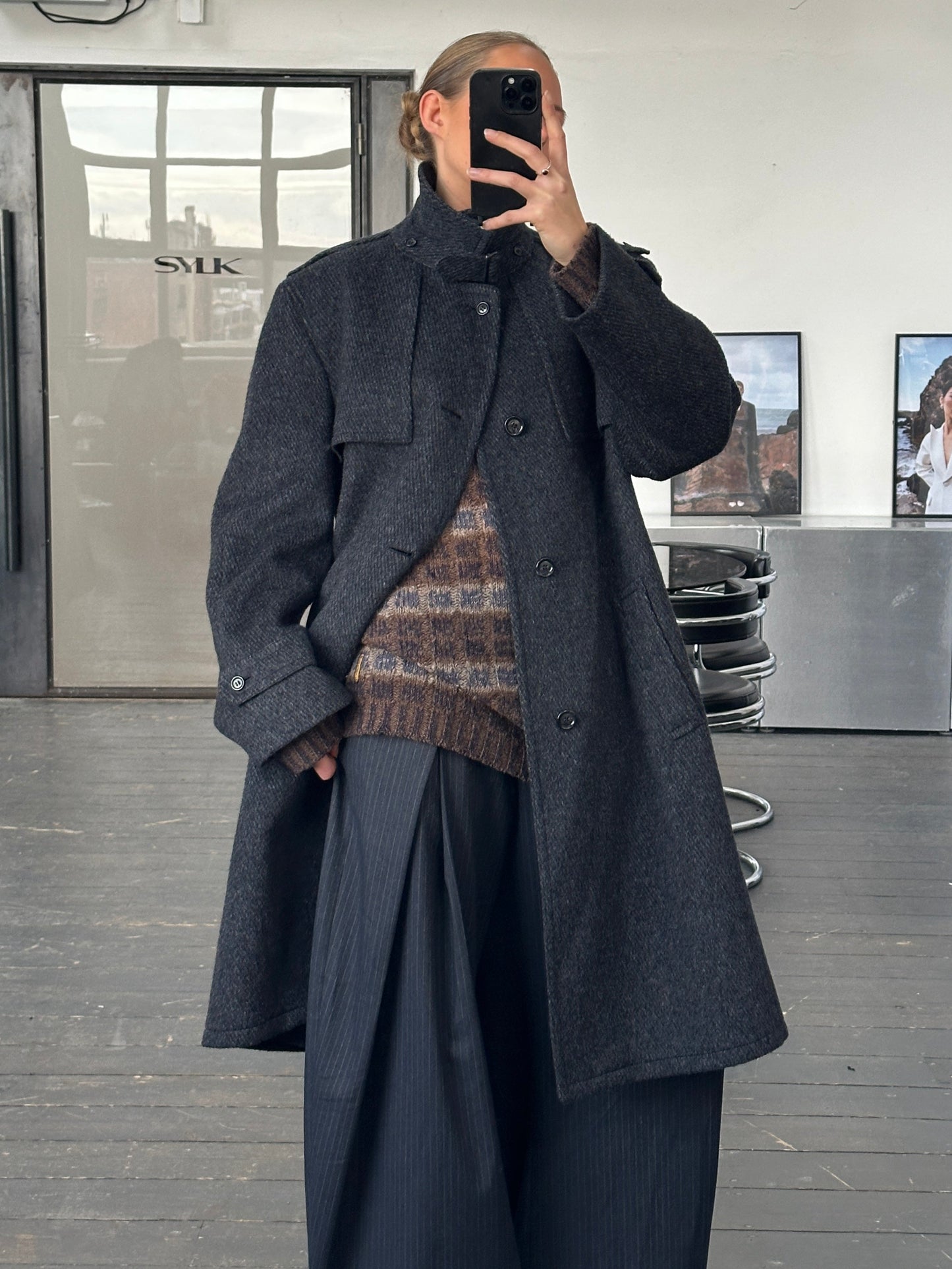 Vintage 1990s Pure Brushed Wool High Neck Belted Coat - XL