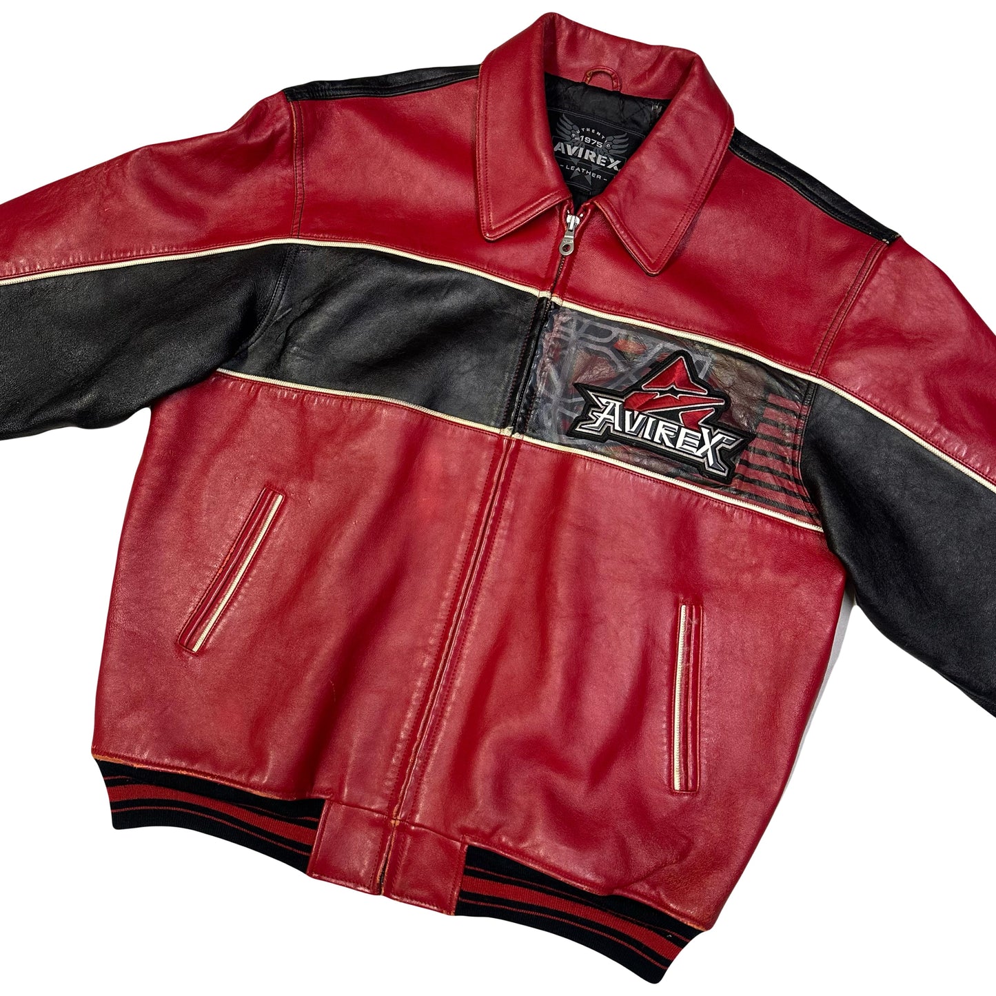 Avirex Ice Tigers Leather Jacket In Red & Black ( XL )
