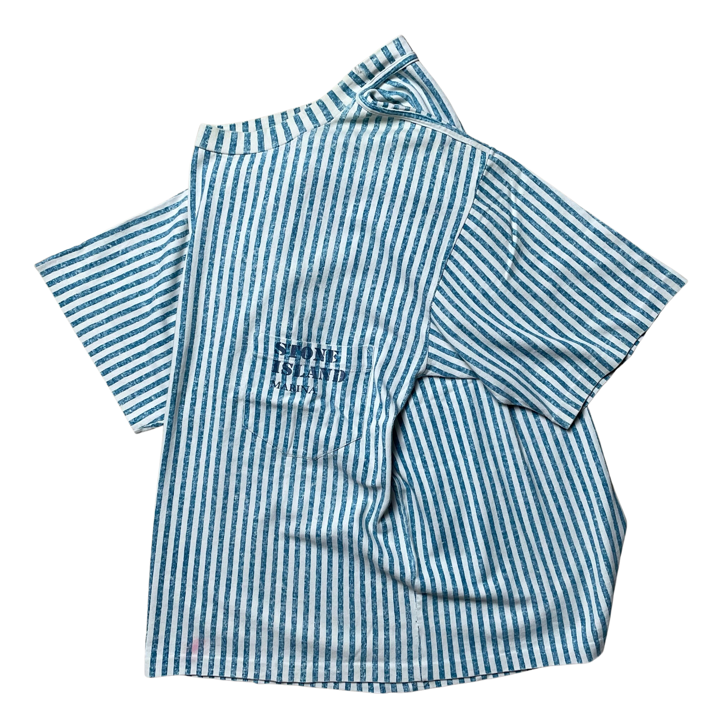 S/S 1984 Aqua Blue & White Vertical Stripe Pocket Spell out T-shirt