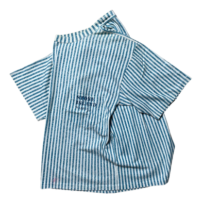 S/S 1984 Aqua Blue & White Vertical Stripe Pocket Spell out T-shirt