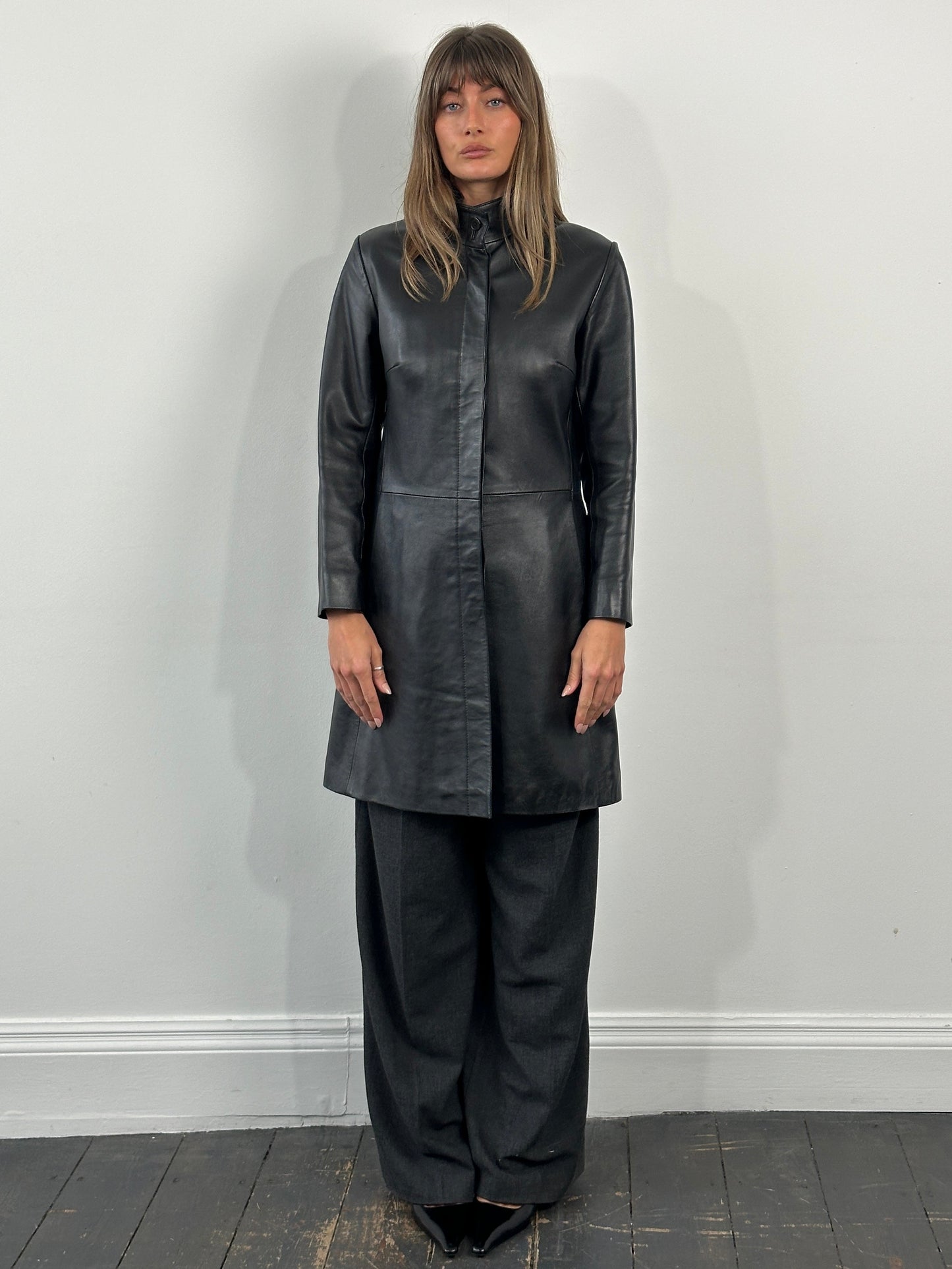 Vintage 1990s Minimal High Neck Leather Jacket - S