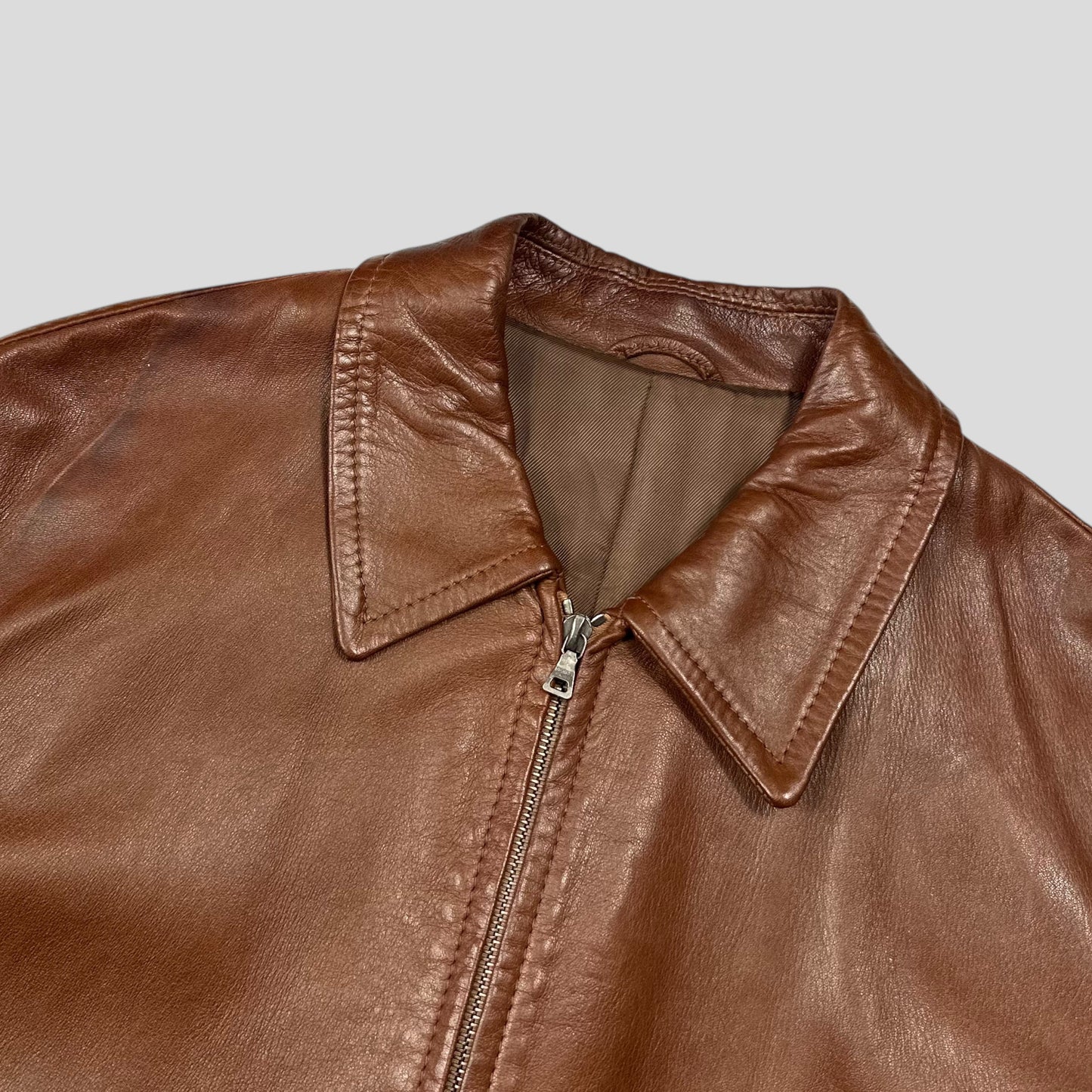 Prada Milano FW98 Whiskey Leather Nylon Lined Zip Work Jacket - IT50