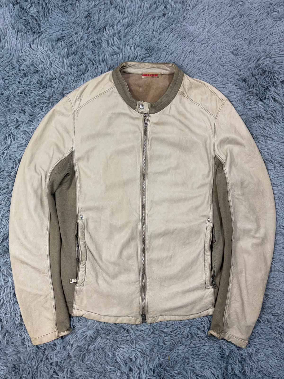 Prada Sport 2004 Cream Leather + Cotton Panelled Biker Jacket - M | O/S, Multicoloured