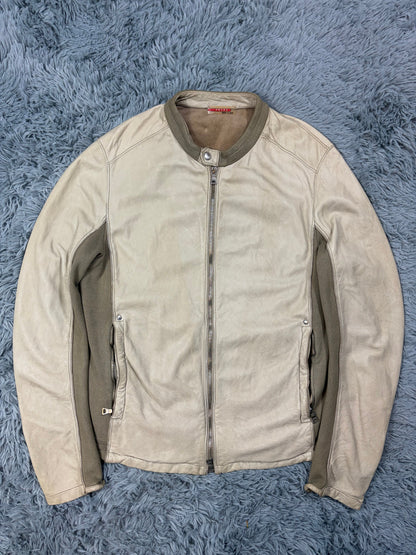 Prada Sport 2004 Cream Leather + Cotton Panelled Biker Jacket - M | O/S, Multicoloured