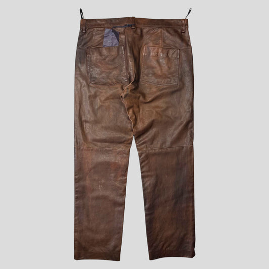 Prada Milano 00’s Embossed Logo Leather Biker Trousers - IT48 | Default Title, Brown