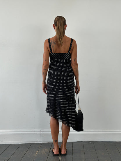 Max Mara Pianoforte 1990s Pure Silk Polkadot Asymmetric Midi Dress - S/M