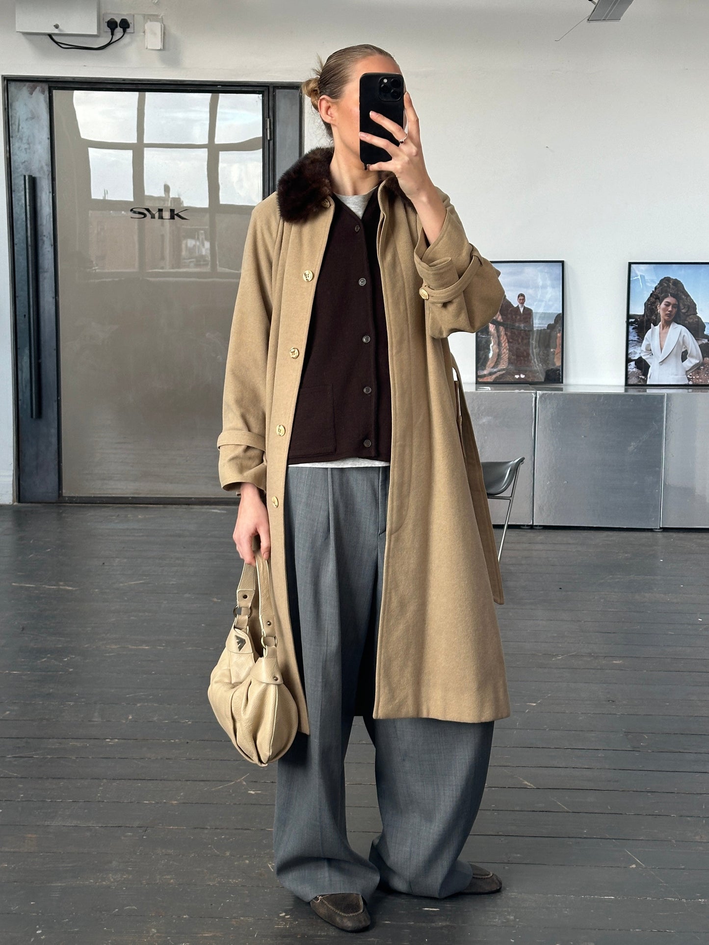 Vintage 1980s Wool Double Faced Fur Collar Belted Coat - S