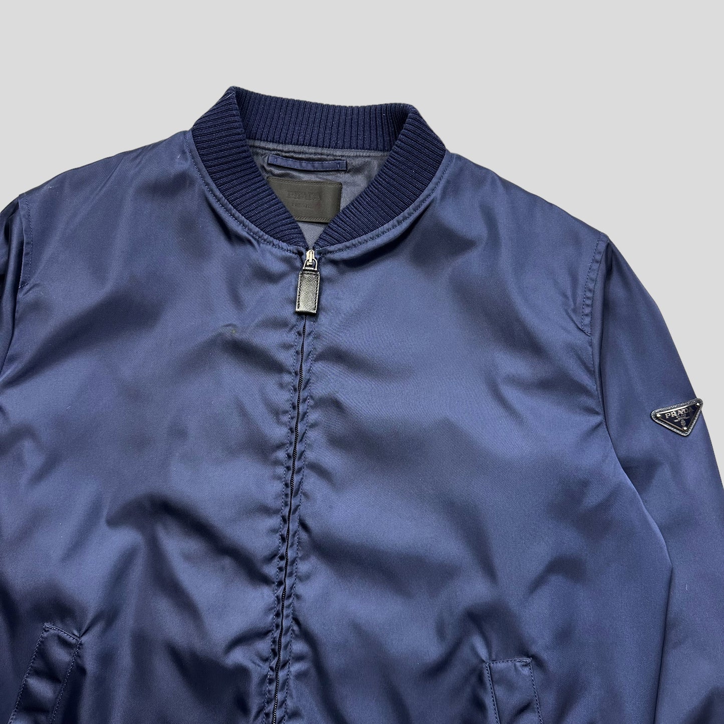 Prada Milano 2015 Metallic Blue Nylon Bomber Jacket - IT50