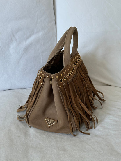RARE 2010s Prada Grommet Suede Frill Handbag | O/S, Brown