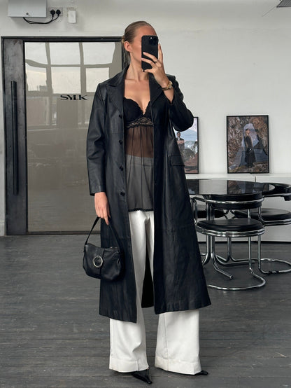 Vintage 1990s Floor Length Leather Trench Coat - S/M