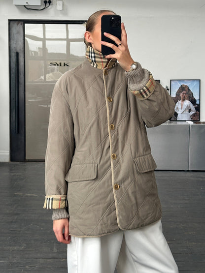 Burberry 1990s Quilted Nova Check Cord Collar Jacket – L