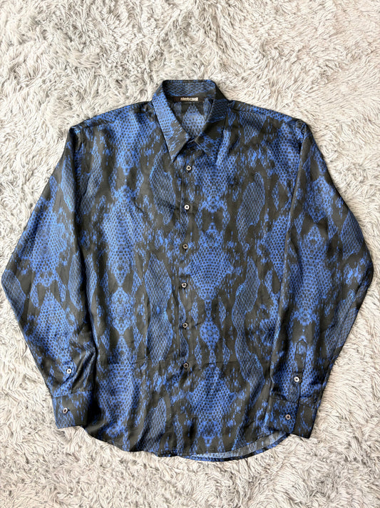 Roberto Cavalli 2023 Silk Python Print Blue Shirt - L | O/S, Black