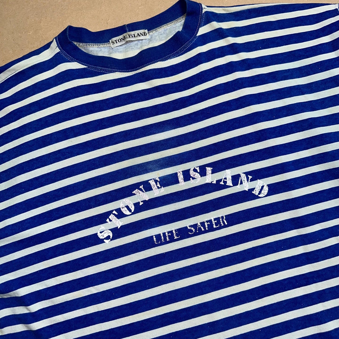 S/S 1992 Cobalt Blue Life Safer Striped Reflective Spell Out T-shirt