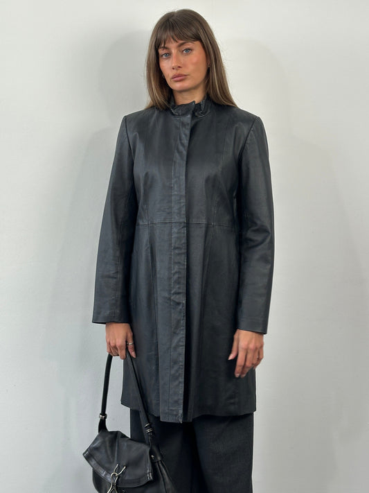 Vintage 1990s High Neck Leather Trench Coat - M