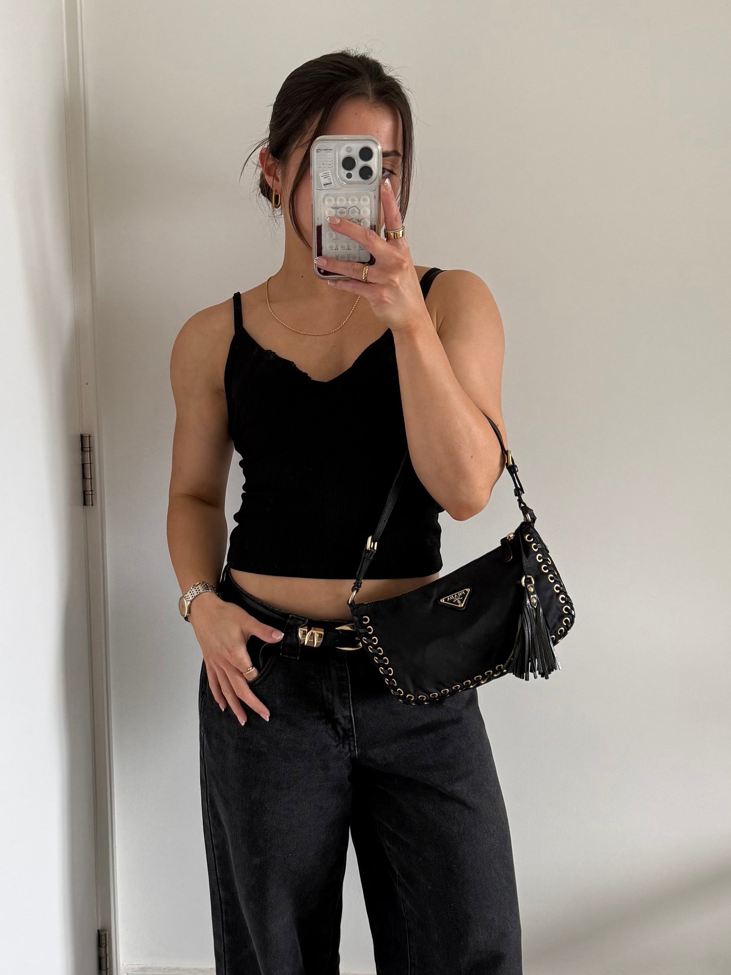 2000s RARE Prada Nylon Grommet Stitch Shoulder Bag | O/S, Black