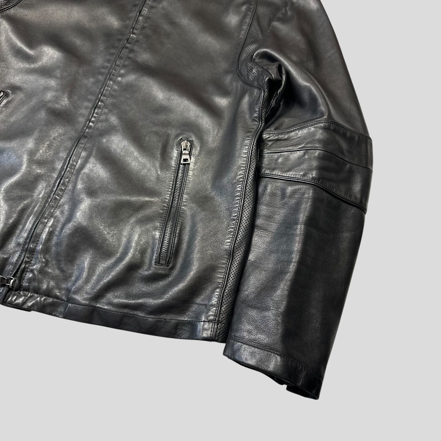 Prada Sport 2006 Leather Perforated Café Racer Logo Jacket - M | Default Title, Black