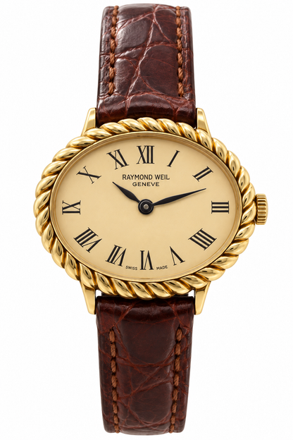 Raymond Weil Genève 683 Champagne Manual Wind Watch (777-RAY-L). LWM864 | O/S, Champagne, Gold, Brown