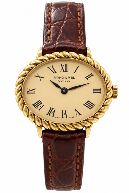 Raymond Weil Genève 683 Champagne Manual Wind Watch (777-RAY-L). LWM864 | O/S, Champagne, Gold, Brown